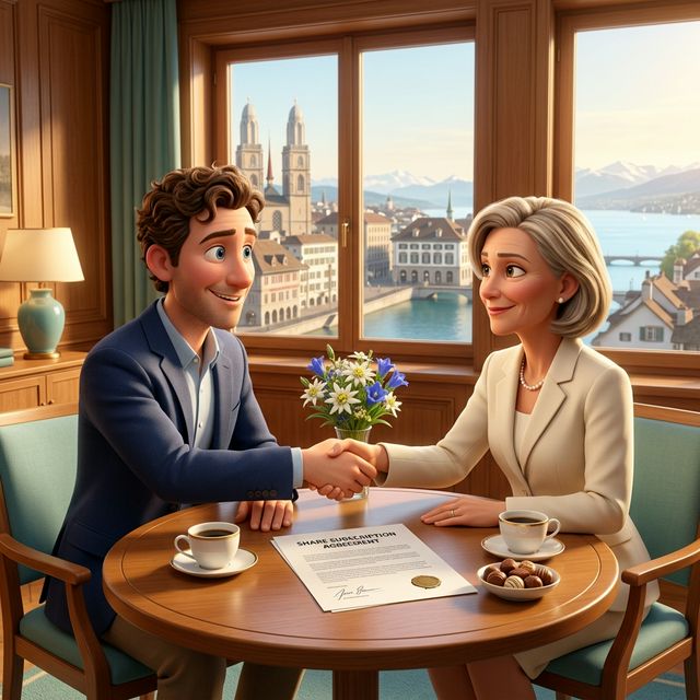 Swiss founder and investor shaking hands over a share subscription agreement in Zurich